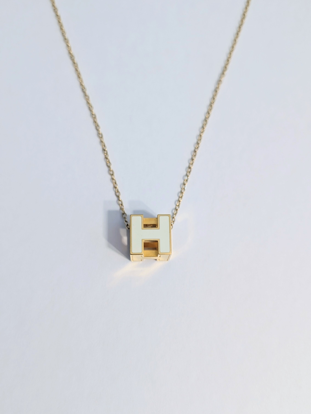 Hermès Cage d'H Cube Pendant Necklace Blanc White & Gold w/ Box Authentic